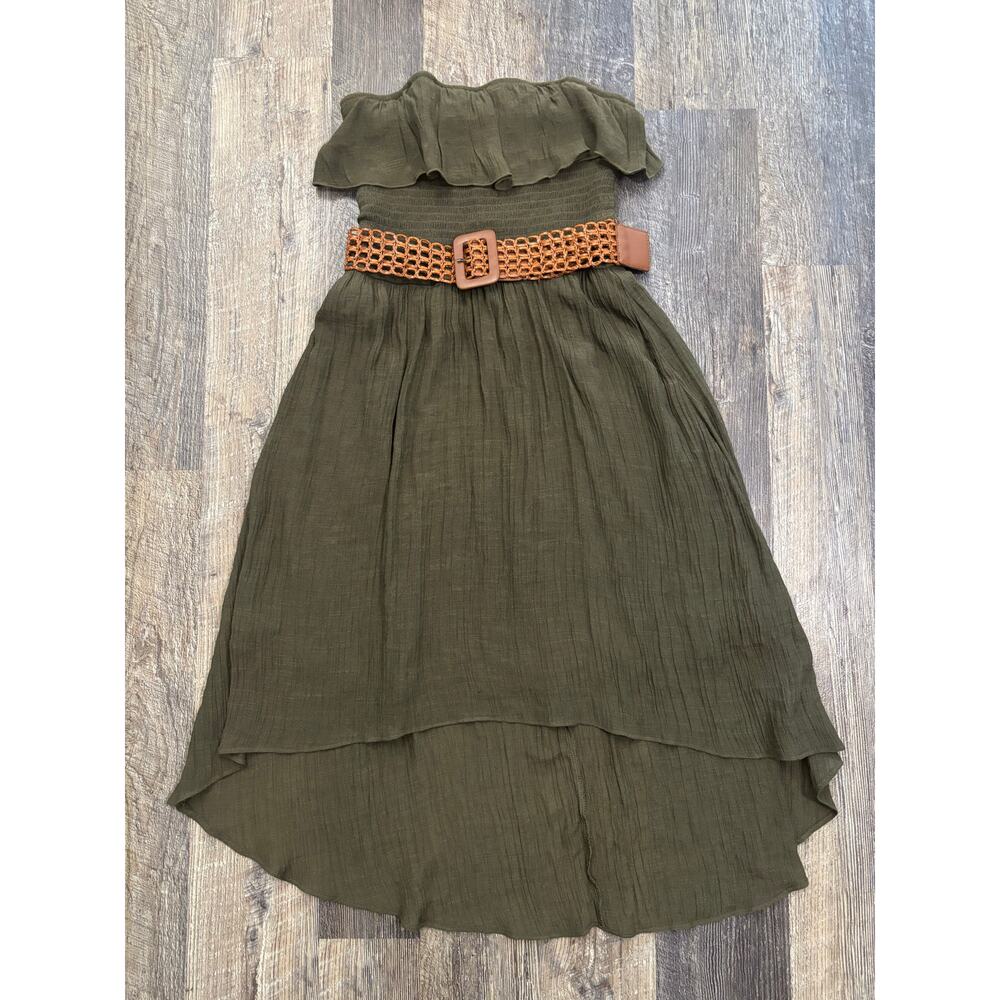 IZ‎ BYER Womens Strapless High-Low Dress Olive Green Smocked Boho Belted Medium